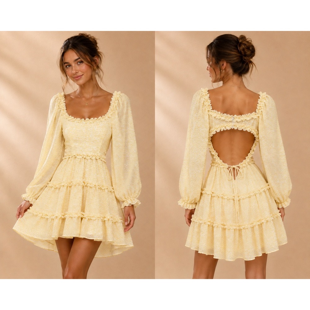 Ryan Bunches Womens Dress S Yellow Floral Open Back Ruffle Tiered MD2476